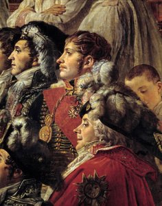 ナポレオンの儀礼。オーギュスト・ジャン・ガブリエル・ドゥ・コーランクール（1777-1809）、ユージン・ローズ・ドゥ・ボーアルネ（1781-1824）、シャルル・モーリス・ドゥ・タレイラント・ぺリゴール（1754-1838）が皇帝ナポレオンの聖餐式で撮影した写真の詳細。 作： Jacques Louis David