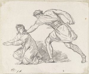ひざまずく姿をつかむ戦士 作： Jacques Louis David