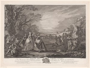 陸軍キャンプを訪れる 4 人の人物がいる風景 Halte des Gardes Suisses (オブジェクトのタイトル) 作： Jacques Philippe Le Bas