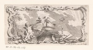 地図、地球儀、測定器を備えた 2 つのパテを含むビネット 作： Jacques Philippe Le Bas