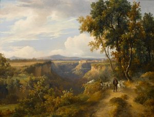 イタリア風の風景画に描かれた山羊飼いとその群れ（ファレリアと思われる