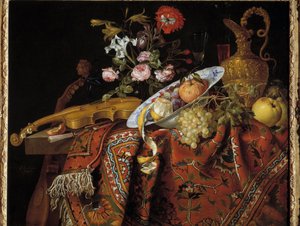 ヴァイオリンとアクアマリンのある静物画 ジャック・サミュエル・ベルナール（1615-1687）の作品 作： Jacques Samuel Bernard