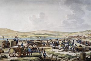 ルフェーブル元帥が率いるダンツィヒの包囲戦を訪れるナポレオン (1807 年 5 月 9 日)、彫刻はフランソワ ジャック デクヴォヴィエ (1783-1848)、作画はジャック フランソワ ジョゼフ スウェバッハ=デフォンテーヌ (1769-1823) 作： Jacques Swebach Desfontaines