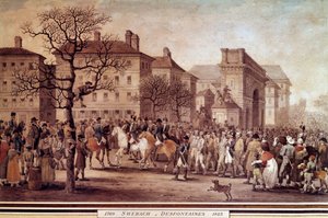 1814 年のフランス戦役: 「1814 年 9 月 3 日にマレシャル モンシーが指揮する国家警備隊に護衛された連合軍 (ロシアとプロイセンを含む) の捕虜のパリでのアントレ」ジャック スウェバッハ デフォンテーヌ (1769 年-) によるリトグラフ 1823) 作： Jacques Swebach Desfontaines