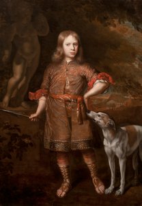 1670年代半ば、グレイハウンドとイノシシの槍を持ったハンターとしての少年の肖像画