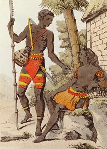 パラオ諸島の男性と女性、1805年（カラー彫刻） 作： Jacques after Grasset de Saint Sauveur