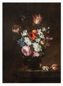 バラ、チューリップ、アイリス、ポピー、ハニーサックル、その他の花をガラスの花瓶に入れて、棚の上に貝殻を添えて 作： Jacques de Claeuw