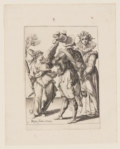 カップルの前で松明を持つ目隠しのキューピッド（『マスカレード』より 作： Jacques de Gheyn II