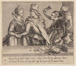 若い女と年老いた女の間の若い男、『不平等な恋人たち』より 作： Jacques de Gheyn II