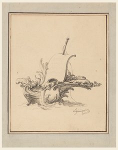 帆を張った舟の形をしたエスカッションの図案、1734年、カルトゥーシュ・ヌーヴォー作品集のため 作： ジャック・ド・ラジュー