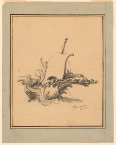 帆を張った舟の形をしたエスカッションの図案、1734年、カルトゥーシュ・ヌーヴォー作品集のため 作： ジャック・ド・ラジュー
