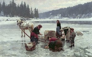氷の穴から洗濯物を干す女性たち