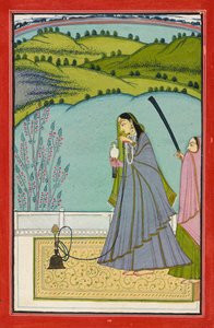 水ギセルとハヤブサのあるテラスの女性、1760年頃（紙に不透明な水彩と金） 作： Jaimal Har