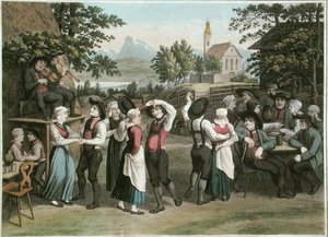 1821年にパリで出版されたAlexandre de Labordeの「Voyage Pittoresque en Autriche」に掲載されたオーストリアの村の踊りの図版（カラーエングレービング） 作： Jakob (after) Gauermann