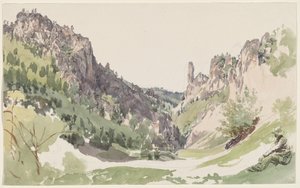 太陽に照らされた山の谷を熟考する座っている男性 作： Jakob Alt