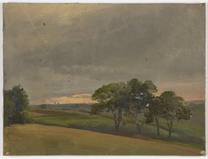 木々のある夕暮れの草原 作： ヤコブ・ベッカー