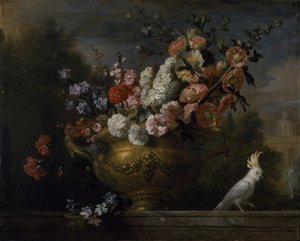 壷の中の花とオカメインコのある静物画（棚の上）1699年頃（油彩・キャンバス 作： Jakob Bogdani or Bogdany