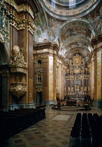 建築家ヤーコプ・プランタウアー（1660-1726）が設計し、ヨハン・ミヒャエル・ロットマイヤー（1656-1730）がフレスコ画を描いたメルクのベネディクト教会の内部の様子。オーストリア・メルク 作： Jakob Prandtauer