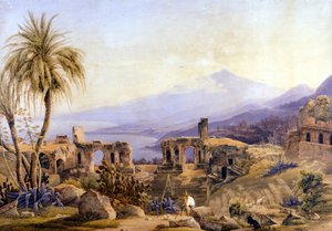 シチリア島のタオルミナ：遺跡とエトナ。1850年頃、Jacob Suterが描いたもの。 作： Jakob Suter