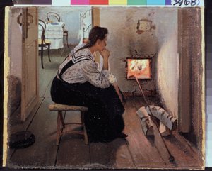 ""Reflexions pres du poele a bois"" (Thoughts at the stove) Une jeune femme assise pensive devant le feu. Peinture de Jakov Kalinichenko (1869-1938) 1897 State Regional I. Pozhalostin Art Museum, Ryasan   1454178   ja       japanese Successfully Translated