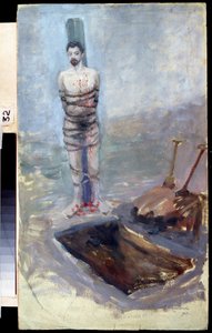 1905 年のロシア革命: 「処刑」 掘った墓の近くの柱に縛り付けられた受刑者。 Jakov Kalinichenko (1869-1938) による絵画 1905 State Regional I. Pozhalostin Art Museum, Ryasan 作： Jakoff Jakovlevitch Kalinitchenko