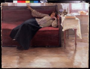 「夢」ソファに横たわっている物思いにふける少女。 Jakov Kalinichenko (1869-1938) による絵画 1904 State Regional I. Pozhalostin Art Museum, Ryasan 作： Jakoff Jakovlevitch Kalinitchenko