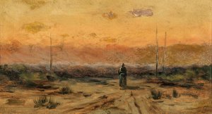 日の出の海岸にいる女性。 作： Jakub Schikaneder