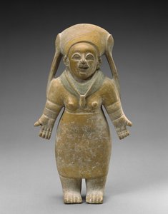女性の立ち姿、紀元前200年～紀元後800年（陶製、スリップペインティング付き 作： Jama Coaque culture