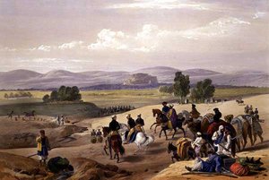 クウェッタ要塞へのアプローチ（『アフガニスタンでのスケッチ』より） チャールズ・ハーゲ（1810-88）とルイス・ハーゲ（1806-85）が彫刻し、ヘンリー・グレーブスが出版したもの。 作： James (after) Atkinson