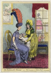 母乳育児、「おしゃれなマンマ」、または「モダンドレスの利便性」（カラーの彫刻 作： James (after) Gillray
