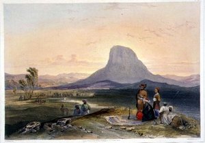 カンダハールの「牛のこぶ」と軍用地、R.キャリック（c.1829-1904）が彫刻した「アフガニスタンの風景、居住者、衣装」のプレート26。 作： James (after) Rattray