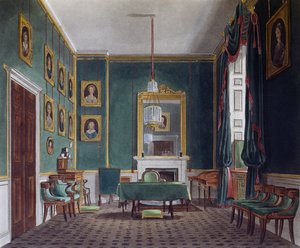 緑の引き出し部屋」ダニエル・ヘイヴル（1785-1826）によるエングレーヴィング、ジェームズ・ステファノフ（約1788-1874）のデザインに基づく、『王宮の歴史』より 作： James (after) Stephanoff