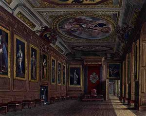 ウィンザー城の王の執務室、「Royal Residences」より、W. J. Bennettの彫刻、William Henry Pyne (1769-1843)の出版。 作： James (after) Stephanoff