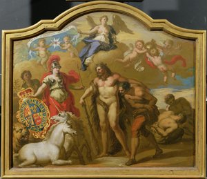 陸によるイギリスの力の寓話、ジョージIの儀式用コーチのための装飾パネルのデザイン、c.1718（パネルに油彩） 作： James (attr. to) Thornhill