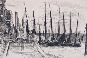 ビリングズゲートに並ぶボート」、ロンドン、1859年 作： James Abbott McNeill Whistler