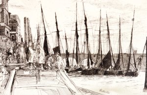 ビリングズゲートに並ぶボート」、ロンドン、1859年 作： James Abbott McNeill Whistler