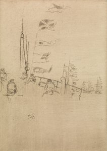 1887年の海軍の復習と題された12のエッチングのセットからのホオジロ 作： James Abbott McNeill Whistler