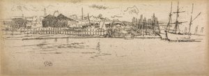 1887年の海軍の復習と題された12のエッチングのセットからのサウサンプトンの乾ドック 作： James Abbott McNeill Whistler