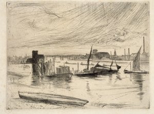 早朝、バタシー、1861年（ドライポイント） 作： James Abbott McNeill Whistler