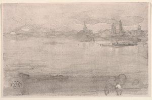 早朝：1878年、ロンドンのバタシーにあるテムズ川。 作： James Abbott McNeill Whistler