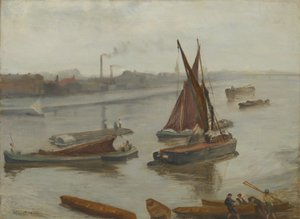 グレーとシルバー。Old Battersea Reach, 1863年。 作： James Abbott McNeill Whistler