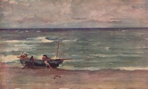 ブルーとシルバーのハーモニー：ボートの浜辺、エトルタ、c1897
