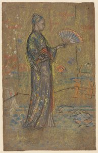 扇子の絵を描く日本人女性、立っている女性のドレスを持ち上げるc。 1872年。 作： James Abbott McNeill Whistler
