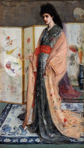 「磁器の国の王女」（バラと銀：磁器の国の王女）着物を着た和風の若い女性、後ろに日本の屏風（ジャポニズム） ジェームズ・アボット・マクニール・ウィスラー画（ 1834- 1903) 1864 フリーア 作： James Abbott McNeill Whistler