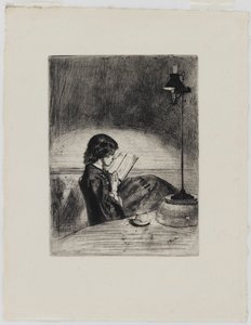 ランプライトで読む」1858年 作： James Abbott McNeill Whistler