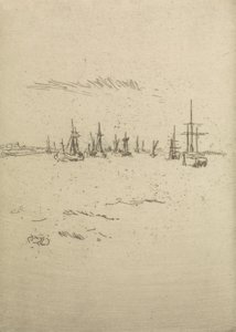 1887年の「海軍の復習」と題された12のエッチングのセットからティルベリーに戻る 作： James Abbott McNeill Whistler