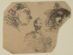 海岸測量プレートのスケッチからの 2 つの女性の頭と立っている人物、1854 年から 55 年。 作： James Abbott McNeill Whistler