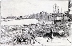 1859年、テムズ川、ロンドン盆地上空（イギリス）、テムズ川に関する一連の版画に属し、イギリスの首都で働く海事労働者のコミュニティを浮き彫りにしている。 作： James Abbott McNeill Whistler