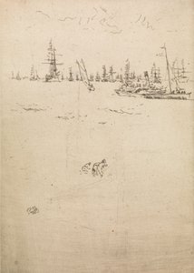 1887年の「海軍の復習」と題された12のエッチングセットからの訪問者用ボート 作： James Abbott McNeill Whistler
