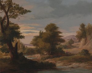 母と子のいる緑豊かな川の風景 作： James Arthur OConnor